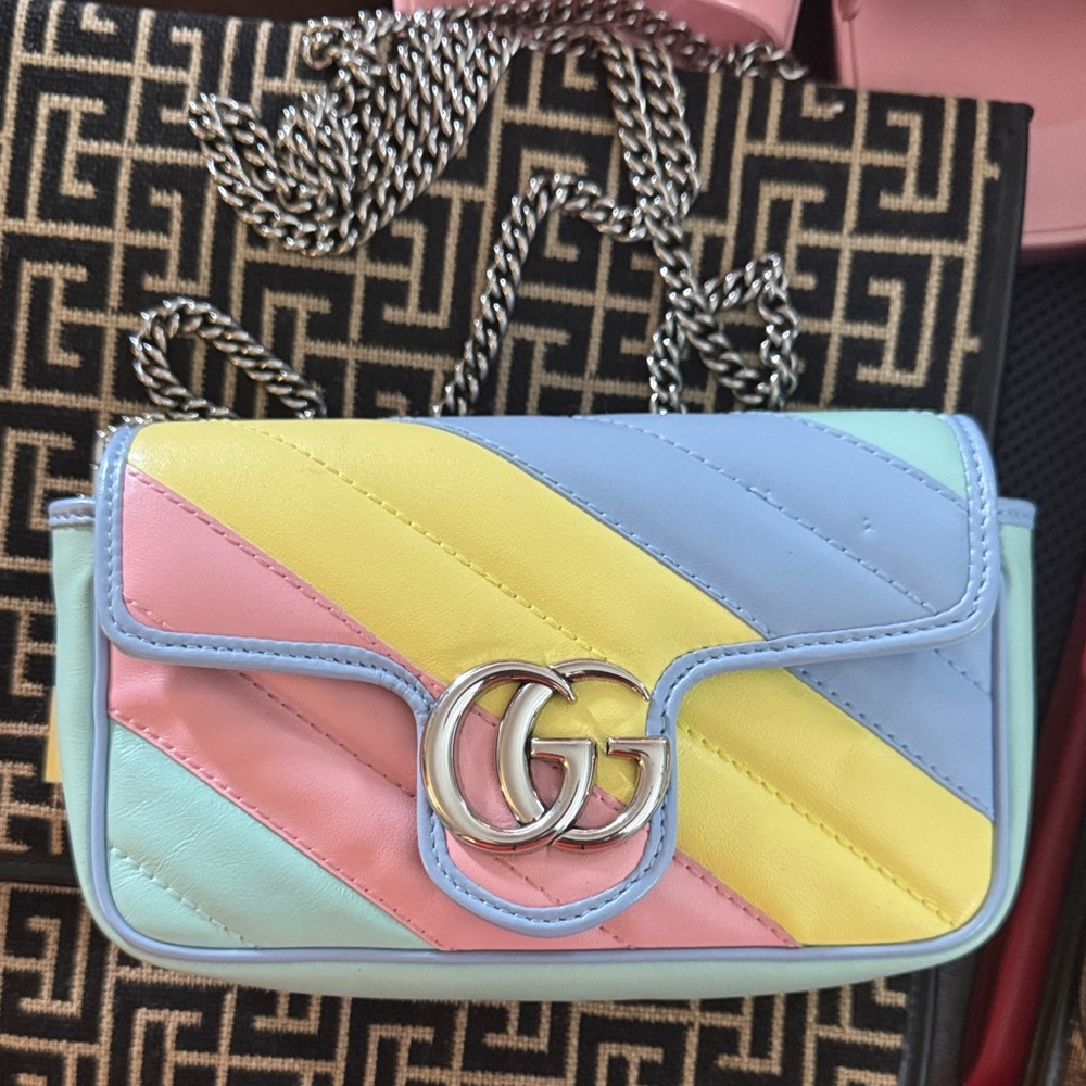 Gucci Mini Pastel Stripe GG Marmont Crossbody Bag Purse Rainbow